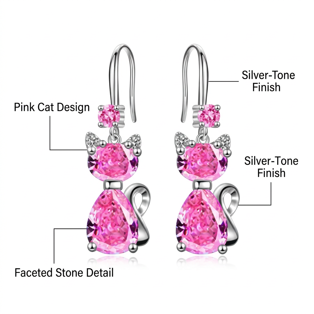 Różowe kolczyki kotki, angielski opis detali na białym tle