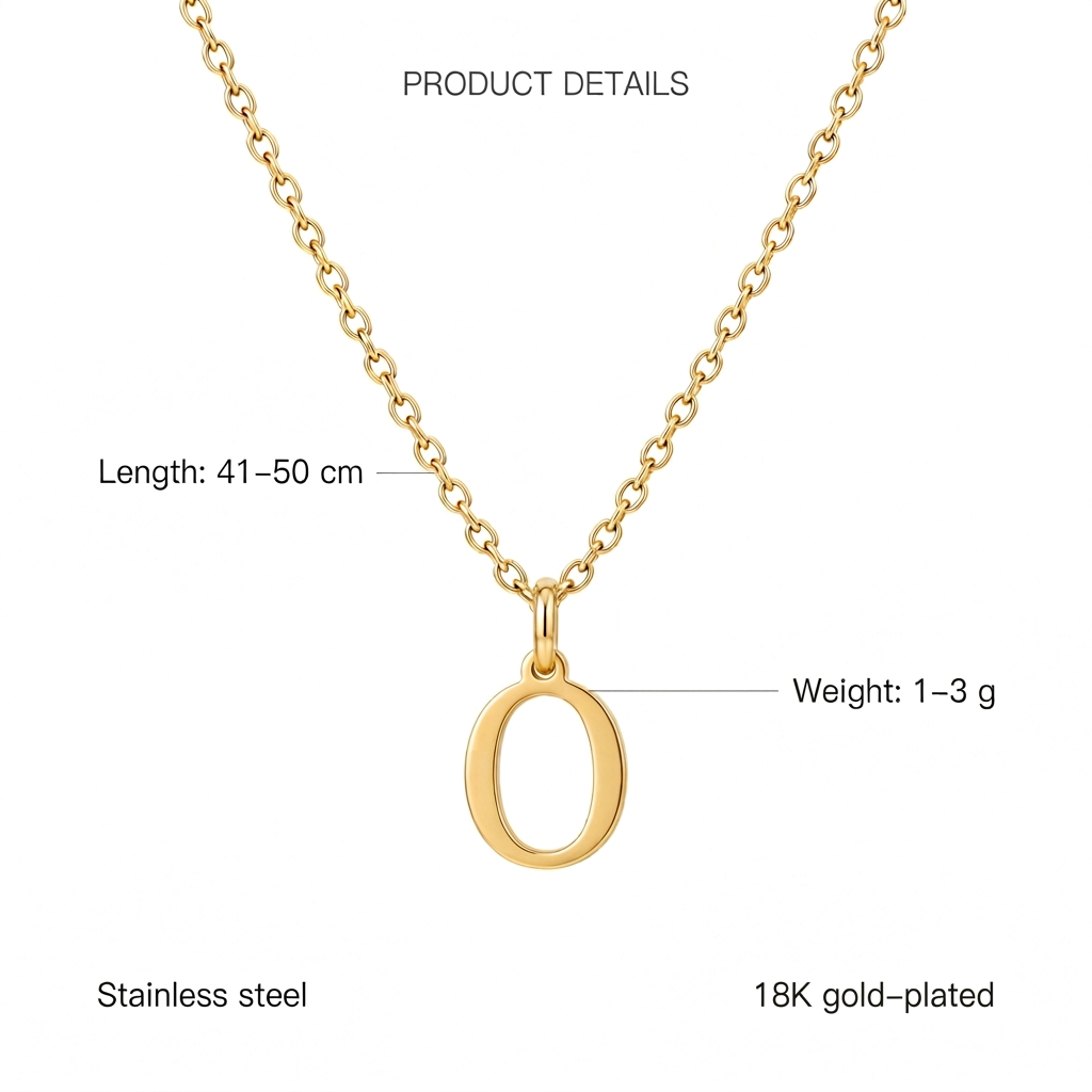 Złoty naszyjnik z literą O, cechy i wymiary z napisem 18K gold-plated