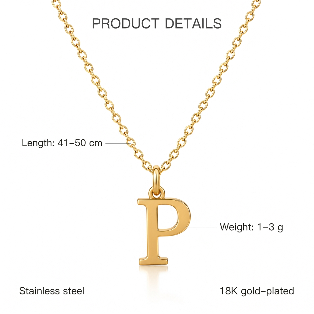 Złoty naszyjnik z literą P, cechy i wymiary, długość 41–50 cm, waga 1–3 g, stainless steel, 18K gold-plated