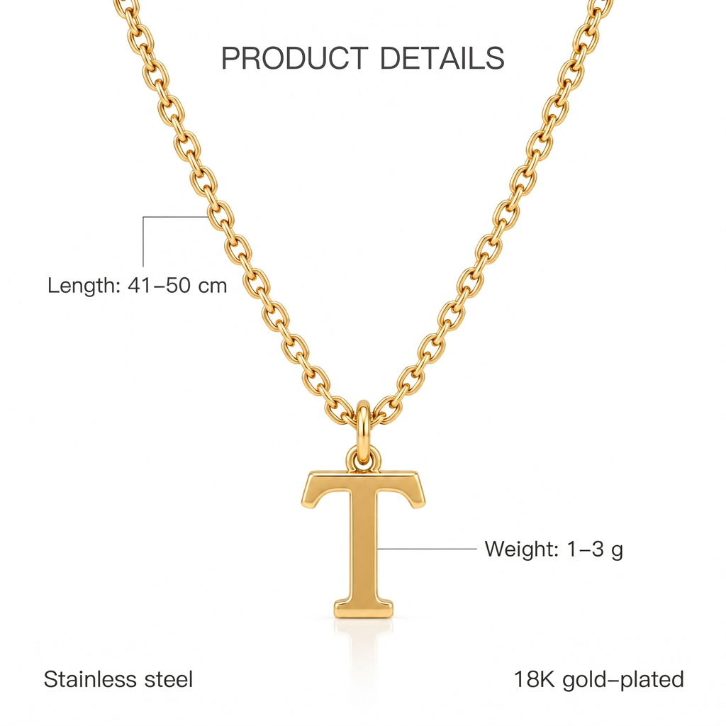 Złoty naszyjnik z literą T, cechy i wymiary, długość 41–50 cm, waga 1–3 g, stainless steel, 18K gold-plated