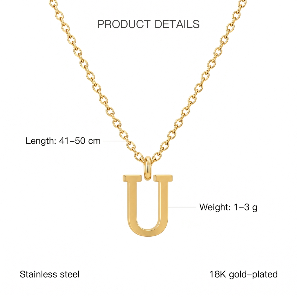 Złoty naszyjnik z literą U, cechy i wymiary, długość 41–50 cm, waga 1–3 g, stainless steel, 18K gold-plated