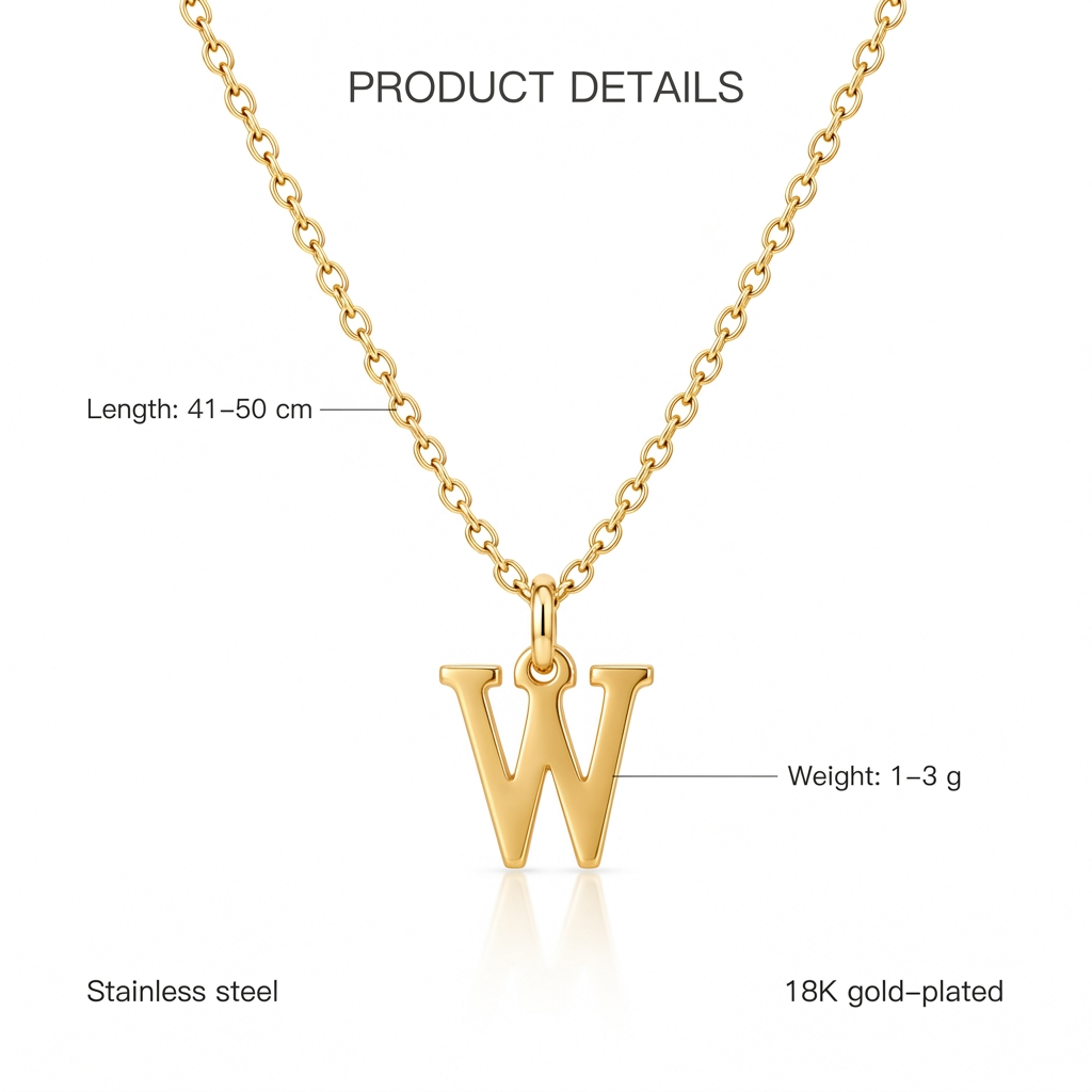 Złoty naszyjnik z literą W, cechy i wymiary, długość 41–50 cm, waga 1–3 g, stainless steel, 18K gold-plated