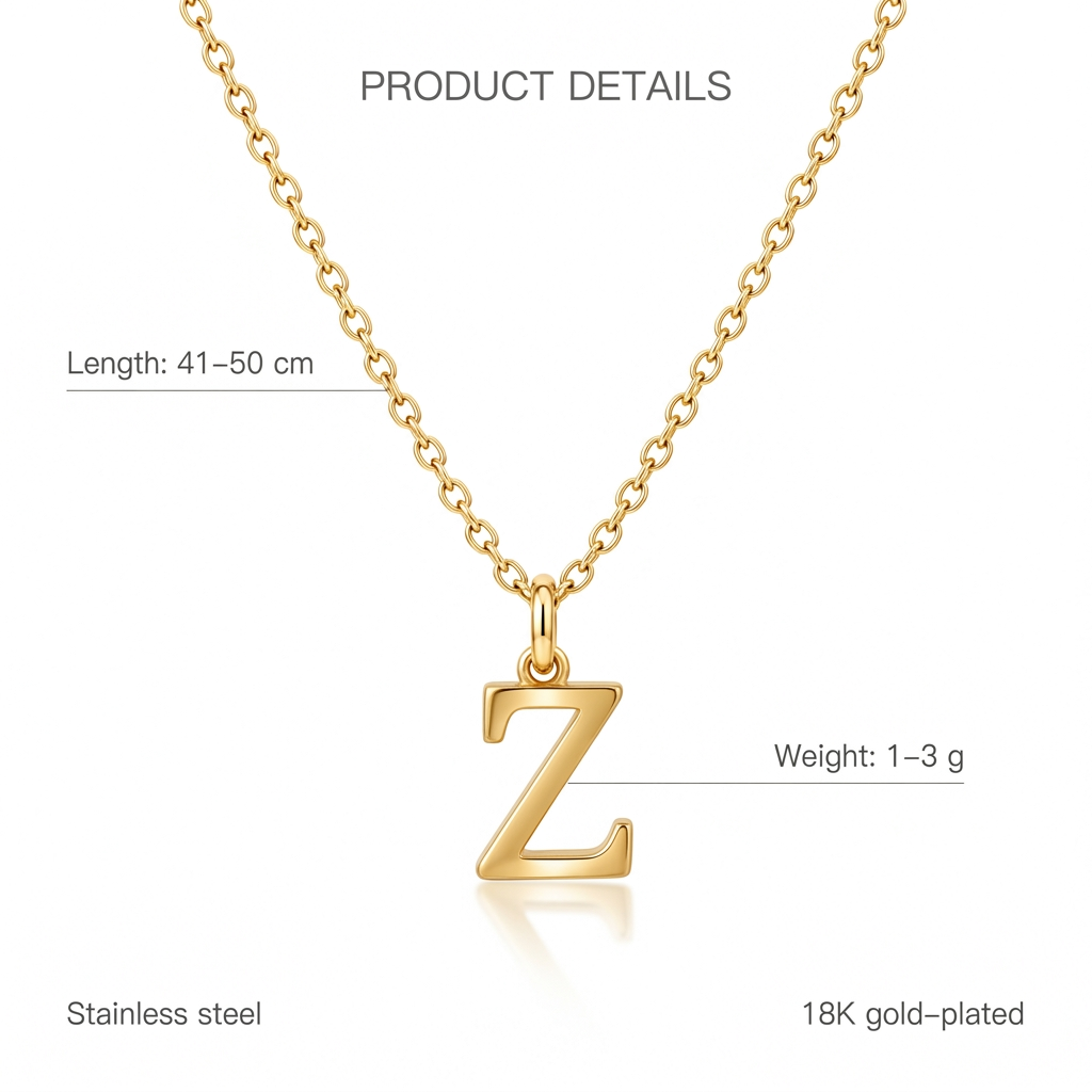 Złoty naszyjnik z literą Z, cechy i wymiary, długość 41–50 cm, waga 1–3 g, stainless steel, 18K gold-plated