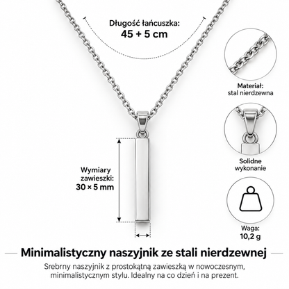 Wymiary srebrnego łańcuszka i prostokątnej zawieszki FursX