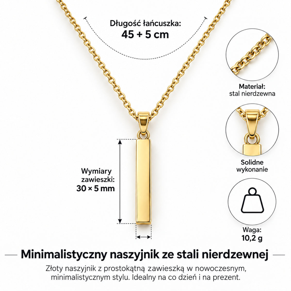 Łańcuszek z prostokątną zawieszką – złoty