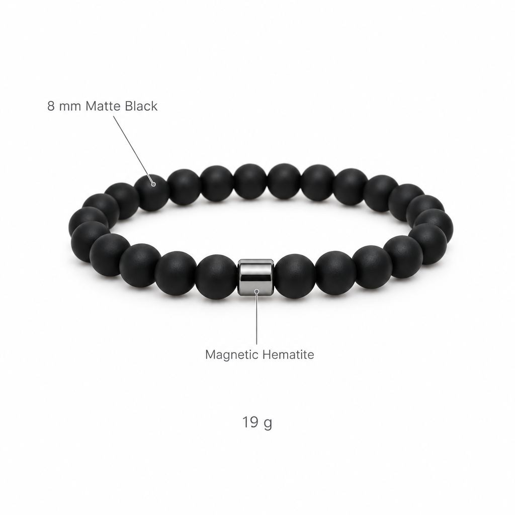 Bransoletka matowa czarna, specyfikacja na bialym tle, 8 mm Matte Black, Magnetic Hematite, 19 g