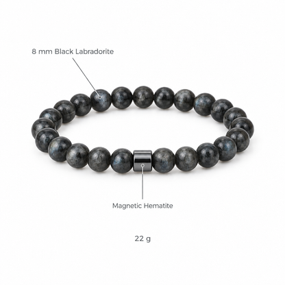 Bransoletka z czarnego labradoritu, specyfikacja na bialym tle, 8 mm Black Labradorite, Magnetic Hematite, 22 g