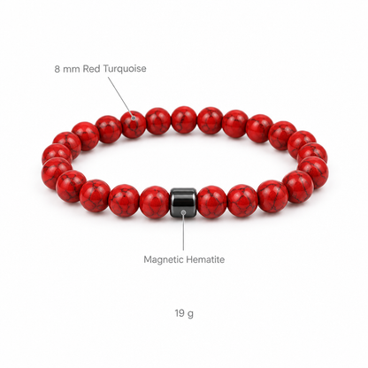 Bransoletka z czerwonego turkusu, specyfikacja na bialym tle, 8 mm Red Turquoise, Magnetic Hematite, 19 g