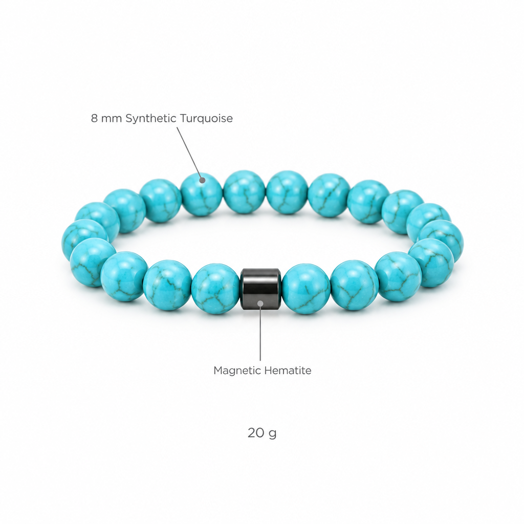 Bransoletka z jasnego syntetycznego turkusu, specyfikacja na bialym tle, 8 mm Synthetic Turquoise, Magnetic Hematite, 20 g