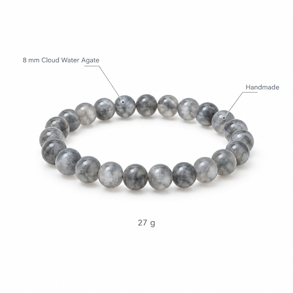 Bransoletka z mglistego agatu, specyfikacja na bialym tle, 8 mm Cloud Water Agate, Handmade, 27 g