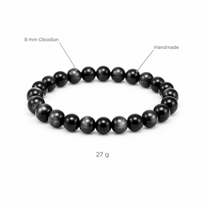 Bransoletka z obsydianu, specyfikacja na bialym tle, 8 mm Obsidian, Handmade, 27 g