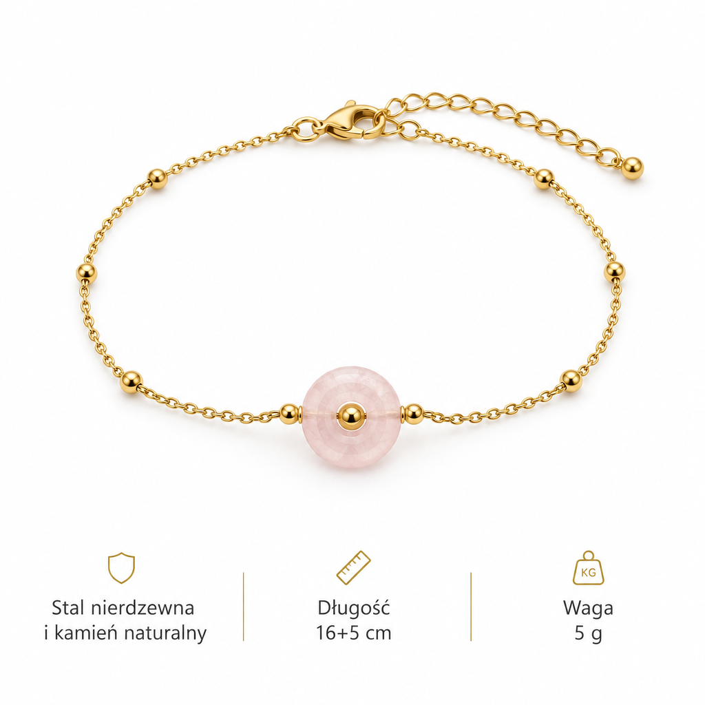 Bransoletka z rozowym kamieniem, specyfikacja po polsku, dlugosc 16+5 cm, waga 5 g