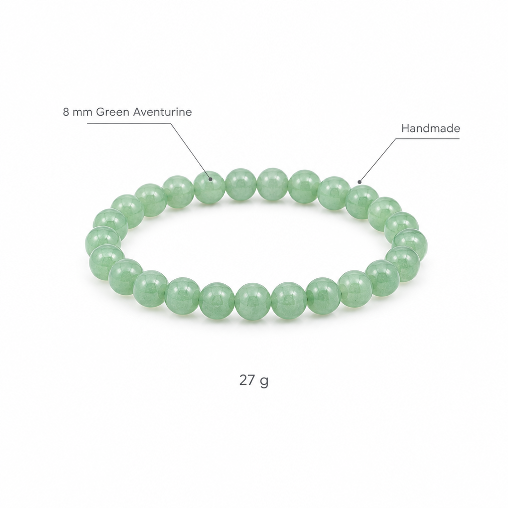 Bransoletka z zielonego awenturynu, specyfikacja na bialym tle, 8 mm Green Aventurine, Handmade, 27 g