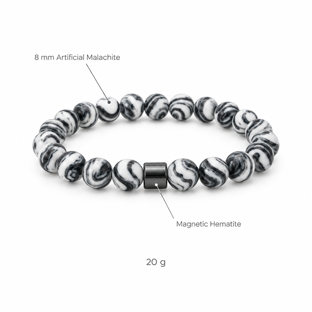 Bransoletka ze sztucznego malachitu bialo-czarna, specyfikacja na bialym tle, 8 mm Artificial Malachite, Magnetic Hematite, 20 g