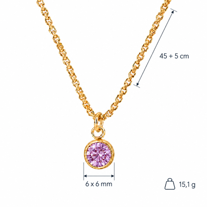 Specyfikacja złotego naszyjnika ze stali nierdzewnej 304: okrągła różowofioletowa cyrkonia 6 × 6 mm, łańcuszek 45 + 5 cm, waga 15,1 g, na białym tle
