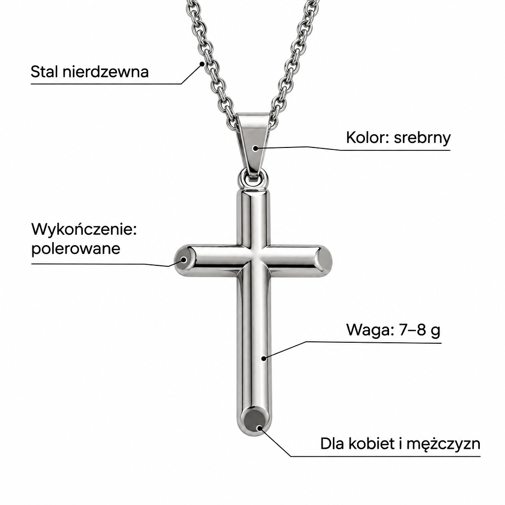 Specyfikacja srebrnego naszyjnika z krzyzem: stal nierdzewna, srebrny, polerowany, waga 7-8 g