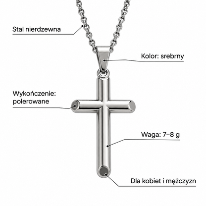 Specyfikacja srebrnego naszyjnika z krzyzem: stal nierdzewna, srebrny, polerowany, waga 7-8 g
