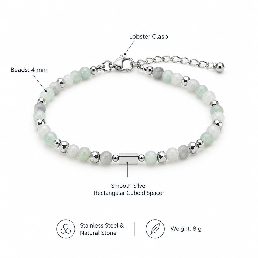 Jasnozielono-bialo-szara bransoletka, specyfikacja po angielsku, 4 mm, 8 g