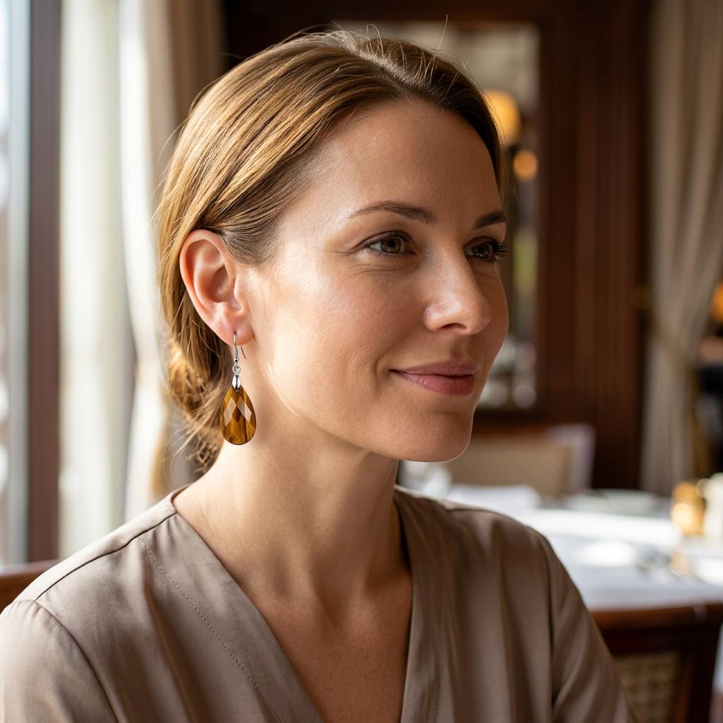 Modelka z fasetowanym kolczykiem w kształcie złotobrązowej kropli w restauracji