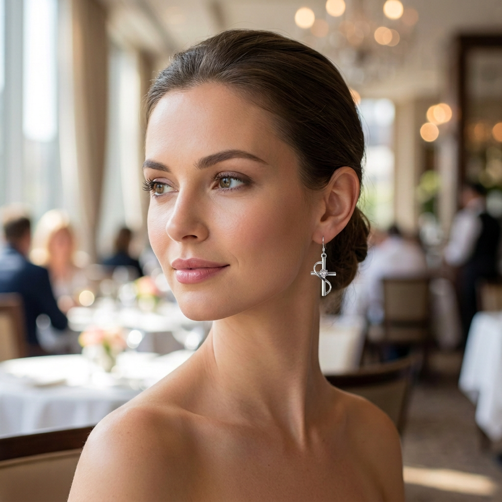 Modelka z kolczykiem krzyżykiem zmniejszonym o 70 procent w restauracji