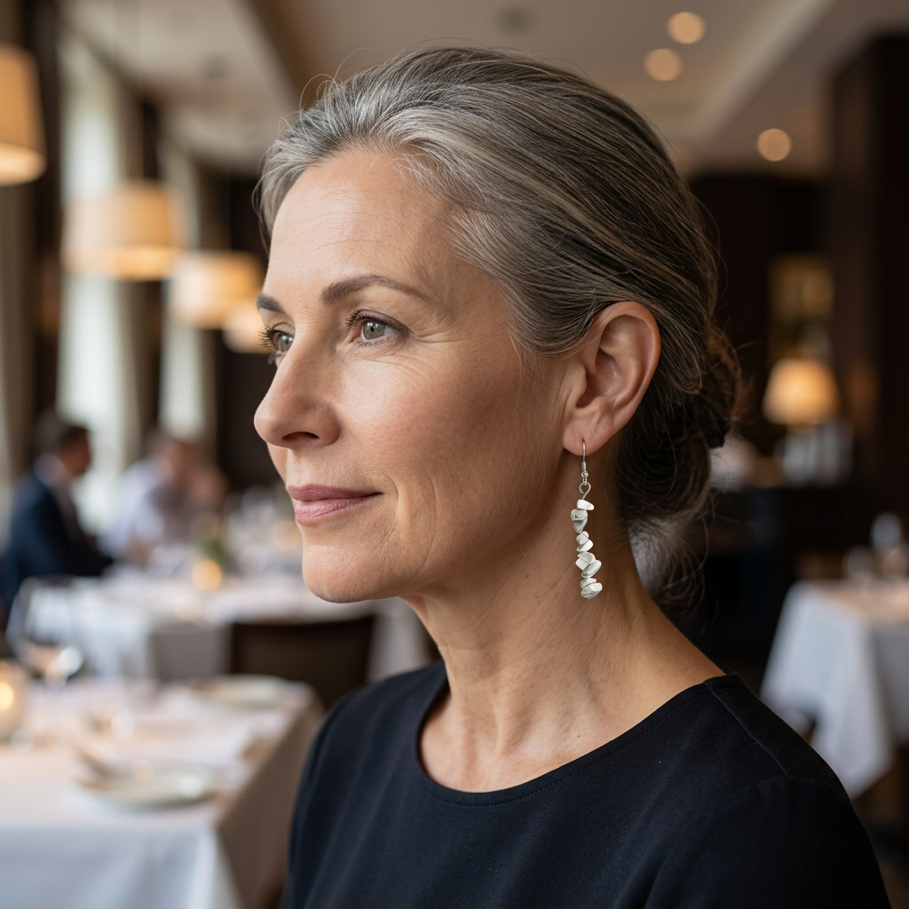 Modelka z wiszącym kolczykiem z białych odłamków w restauracji