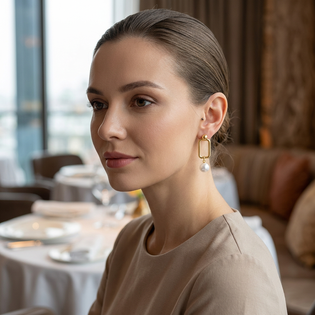 Modelka ze złotym geometrycznym kolczykiem ze sztuczną perłą w restauracji
