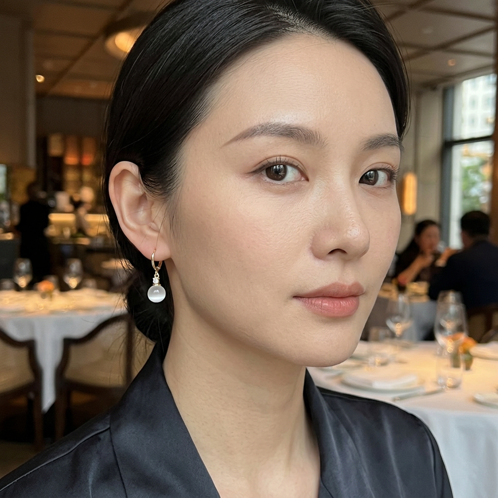 Modelka ze złotym kolczykiem z jasnym kamieniem typu kocie oko w restauracji
