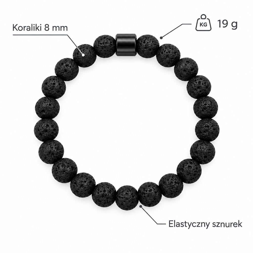 Specyfikacja bransoletki z kamienia lawowego: koraliki 8 mm, waga 19 g, elastyczny sznurek