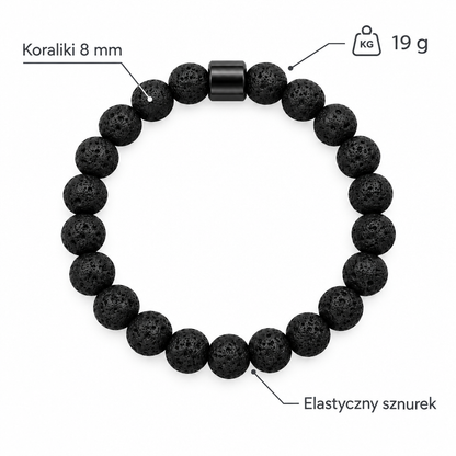 Specyfikacja bransoletki z kamienia lawowego: koraliki 8 mm, waga 19 g, elastyczny sznurek