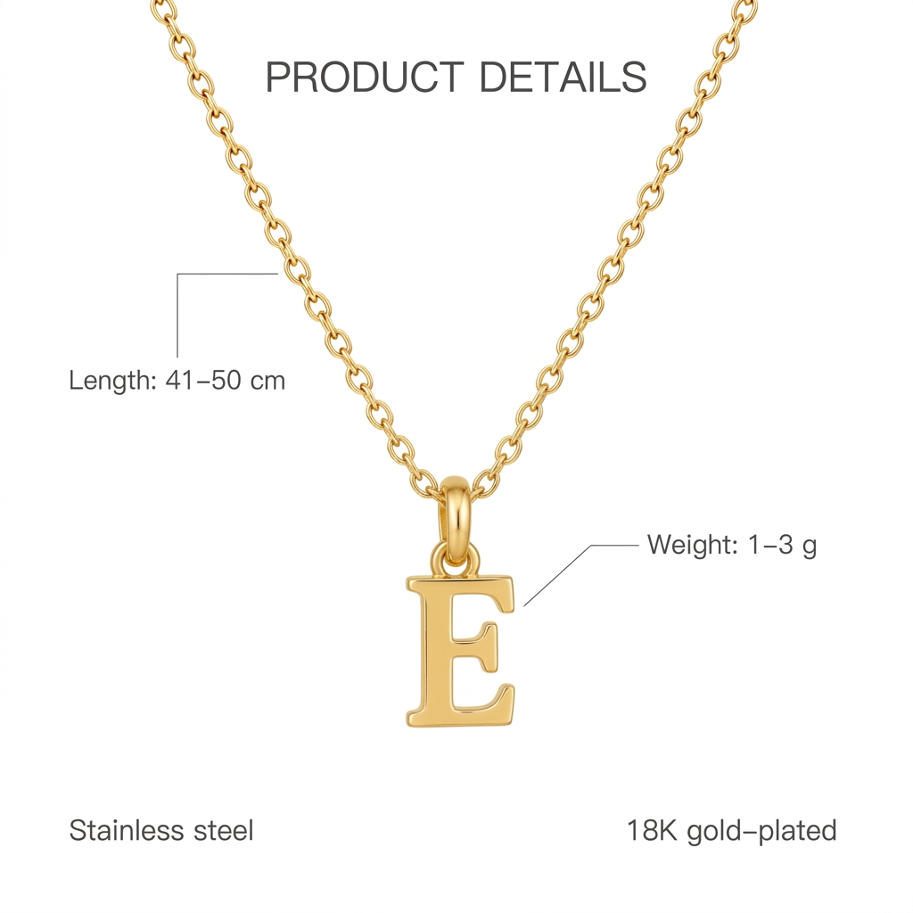 Złoty naszyjnik z literą E, cechy i wymiary, długość 41–50 cm, waga 1–3 g, stainless steel, 18K gold-plated