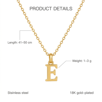 Złoty naszyjnik z literą E, cechy i wymiary, długość 41–50 cm, waga 1–3 g, stainless steel, 18K gold-plated