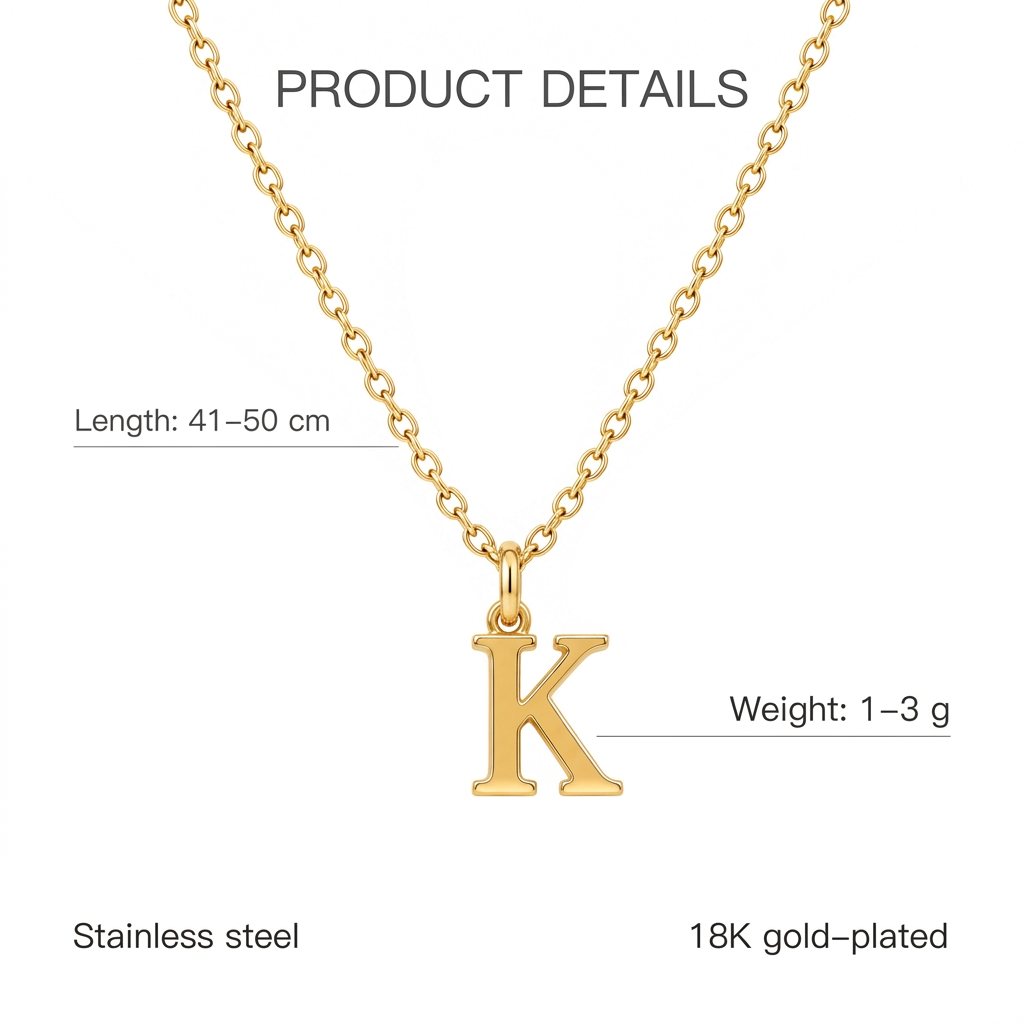 Złoty naszyjnik z literą K, cechy i wymiary, długość 41–50 cm, waga 1–3 g, stainless steel, 18K gold-plated