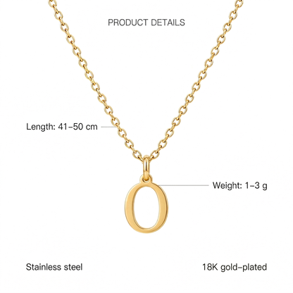 Złoty naszyjnik z literą O, cechy i wymiary z napisem 18K gold-plated
