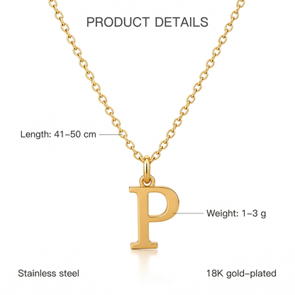 Złoty naszyjnik z literą P, cechy i wymiary, długość 41–50 cm, waga 1–3 g, stainless steel, 18K gold-plated