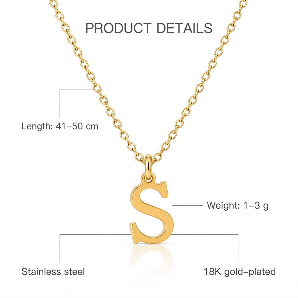 Złoty naszyjnik z literą S, cechy i wymiary, długość 41–50 cm, waga 1–3 g, stainless steel, 18K gold-plated
