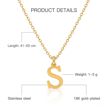 Złoty naszyjnik z literą S, cechy i wymiary, długość 41–50 cm, waga 1–3 g, stainless steel, 18K gold-plated
