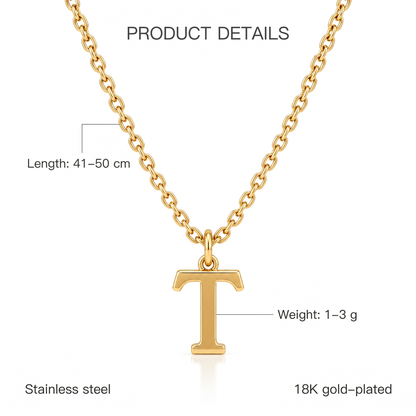 Złoty naszyjnik z literą T, cechy i wymiary, długość 41–50 cm, waga 1–3 g, stainless steel, 18K gold-plated