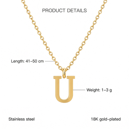 Złoty naszyjnik z literą U, cechy i wymiary, długość 41–50 cm, waga 1–3 g, stainless steel, 18K gold-plated