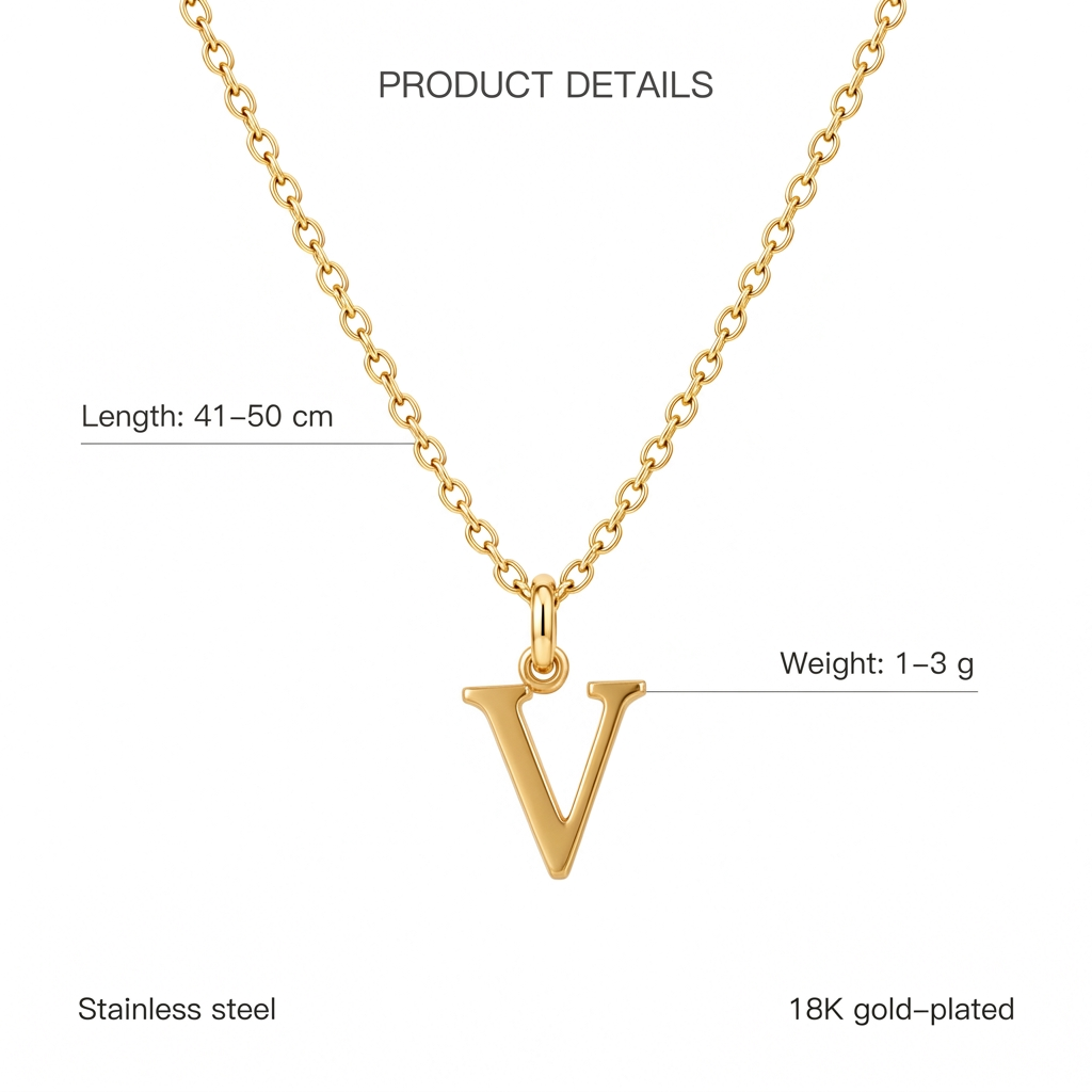 Złoty naszyjnik z literą V, cechy i wymiary, długość 41–50 cm, waga 1–3 g, stainless steel, 18K gold-plated