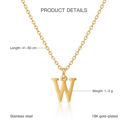Złoty naszyjnik z literą W, cechy i wymiary, długość 41–50 cm, waga 1–3 g, stainless steel, 18K gold-plated