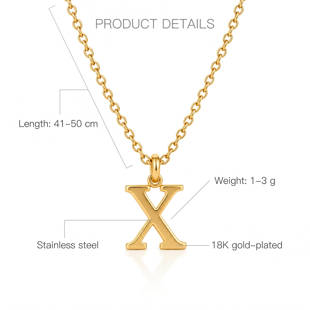 Złoty naszyjnik z literą X, długość 41–50 cm, waga 1–3 g, stainless steel, 18K gold-plated